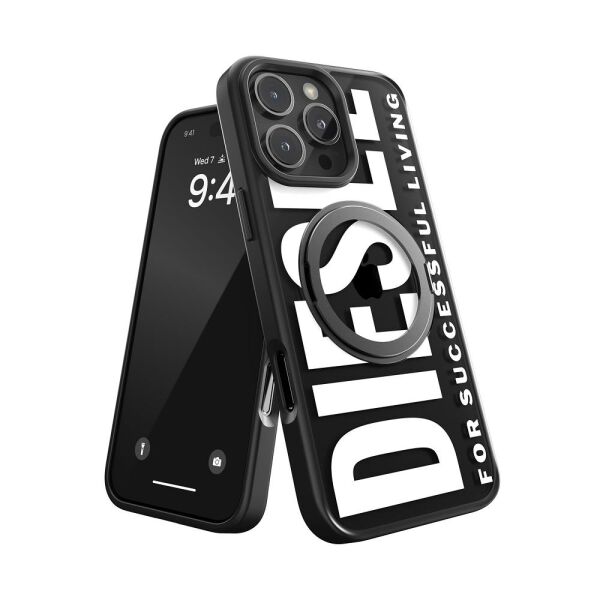 Diesel iPhone 16 Pro Max Uyumlu Magsafe Destekli Yüzük Standlı Kılıf - Siyah/Beyaz