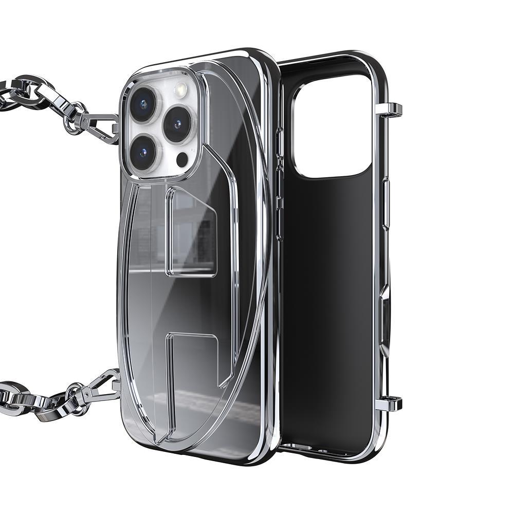 Diesel iPhone 16 Pro Uyumlu Oval D Parlak Zincirli Kılıf - Gümüş