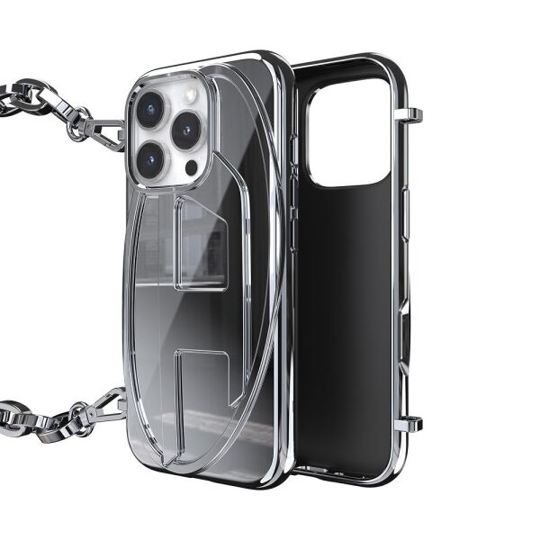 Diesel iPhone 16 Pro Uyumlu Oval D Parlak Zincirli Kılıf - Gümüş