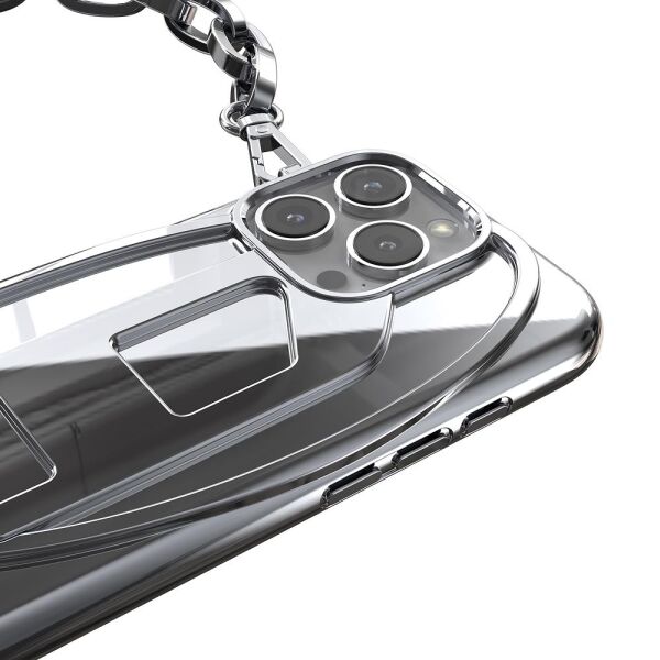 Diesel iPhone 16 Pro Uyumlu Oval D Parlak Zincirli Kılıf - Gümüş