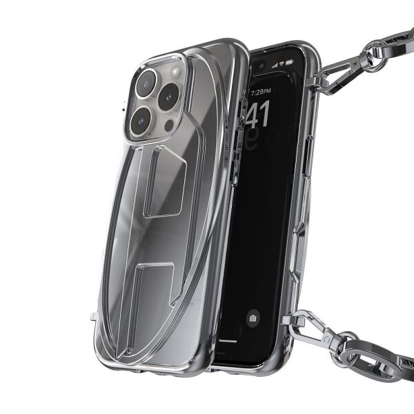 Diesel iPhone 16 Pro Uyumlu Oval D Parlak Zincirli Kılıf - Gümüş
