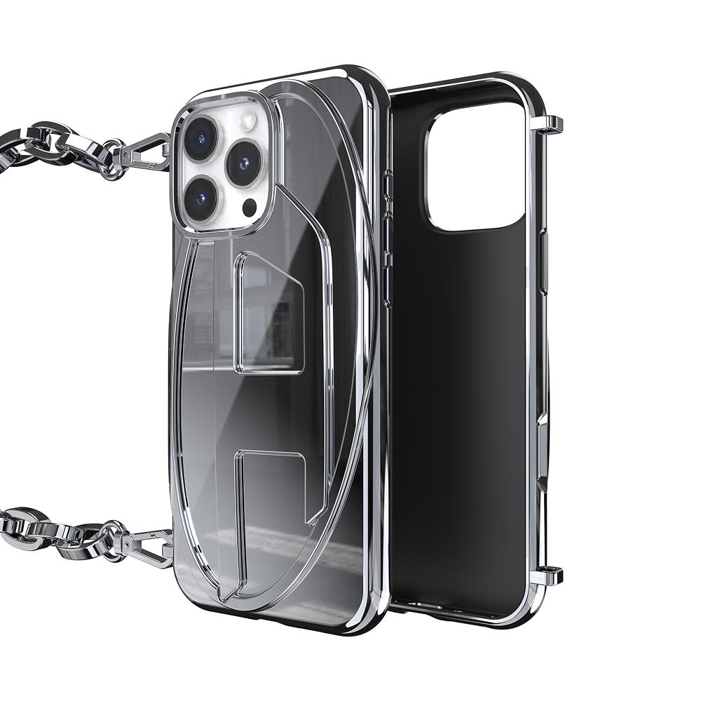 Diesel iPhone 16 Pro Max Uyumlu Oval D Parlak Zincirli Kılıf - Gümüş