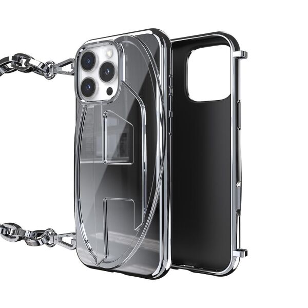 Diesel iPhone 16 Pro Max Uyumlu Oval D Parlak Zincirli Kılıf - Gümüş