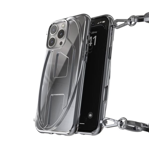 Diesel iPhone 16 Pro Max Uyumlu Oval D Parlak Zincirli Kılıf - Gümüş