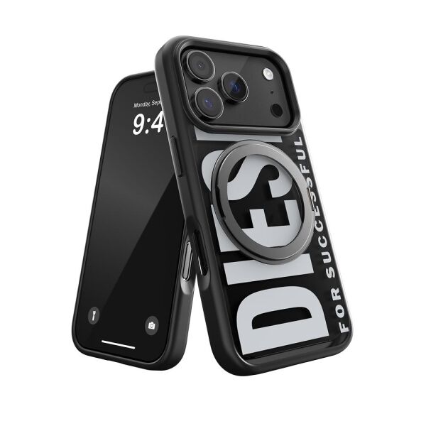 Diesel iPhone 17 Pro Uyumlu Magsafe Destekli Yüzük Standlı Kılıf - Siyah/Beyaz